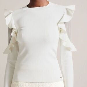 NWT TED BAKER White Floraas Ruffle Fitted Knit Top Sweater Sheer Shoulders SZ 12